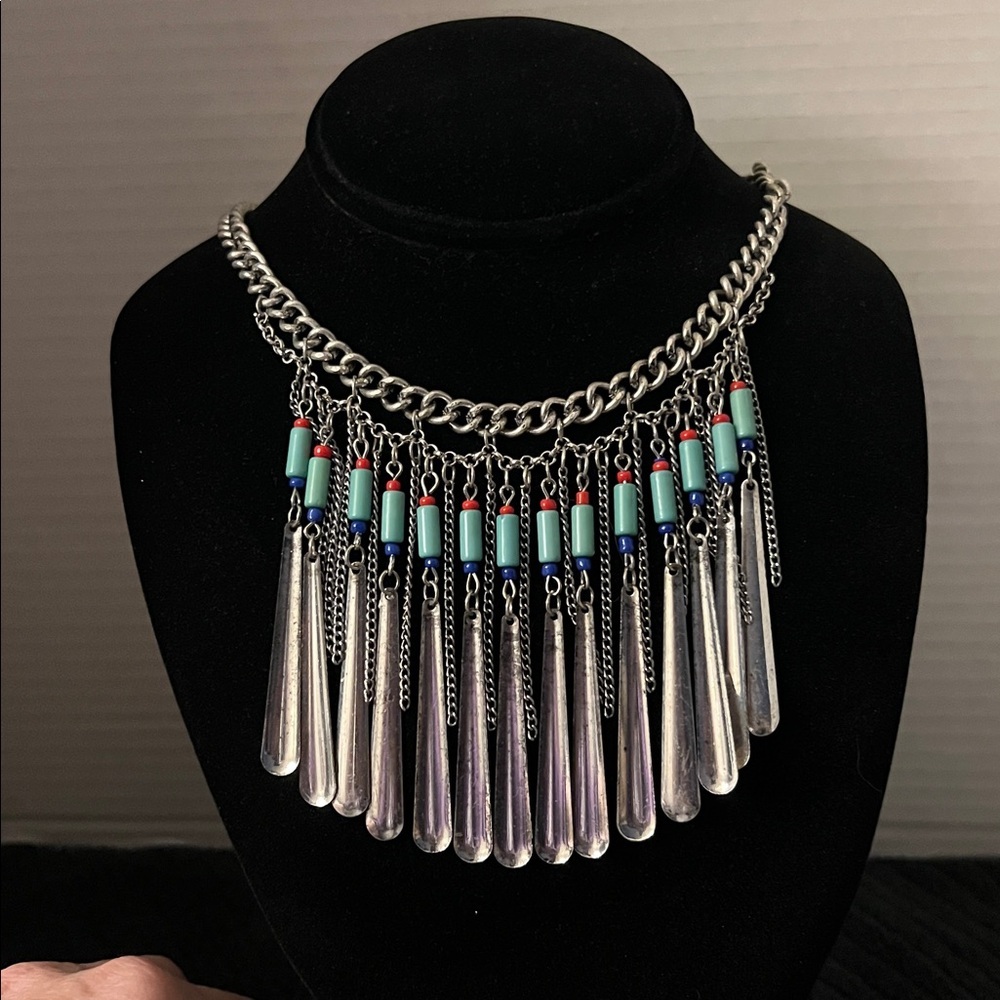 Vintage Silver Blue Statement Necklace Fully Adjustable Drop Length to 10” - Picture 6 of 7